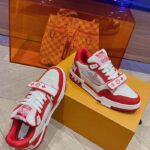 Louis Vuitton LV Unisex LV Trainer Sneaker Red Monogram Denim Rubber Outsole - Image 2