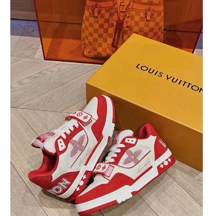 Louis Vuitton LV Unisex LV Trainer Sneaker Red Monogram Denim Rubber Outsole (5)
