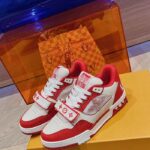 Louis Vuitton LV Unisex LV Trainer Sneaker Red Monogram Denim Rubber Outsole - Image 5