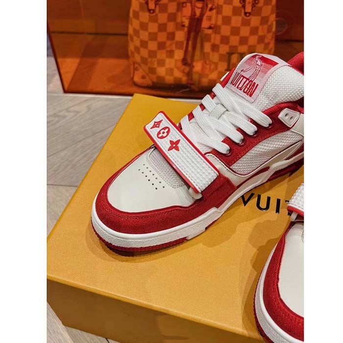 Louis Vuitton LV Unisex LV Trainer Sneaker Red Monogram Denim Rubber Outsole (9)