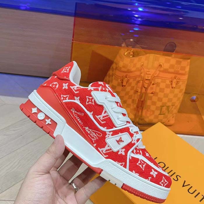 Louis Vuitton LV Unisex LV Trainer Sneaker Red Monogram Textile Rubber Outsole (11)