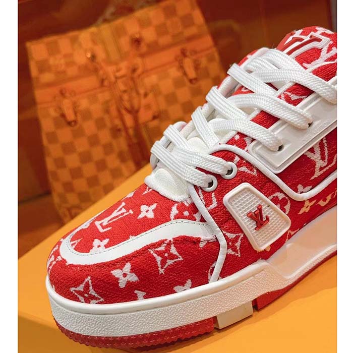 Louis Vuitton LV Unisex LV Trainer Sneaker Red Monogram Textile Rubber Outsole (4)