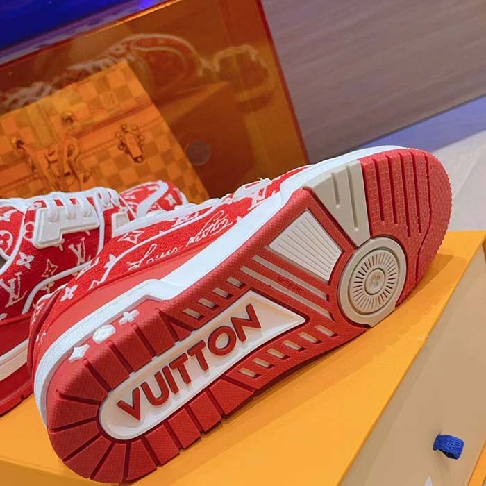 Louis Vuitton LV Unisex LV Trainer Sneaker Red Monogram Textile Rubber Outsole (5)