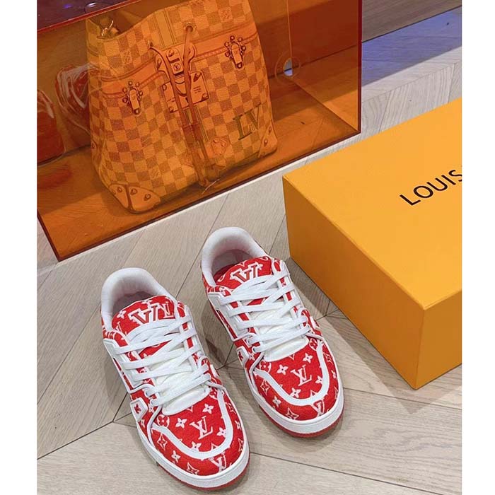 Louis Vuitton LV Unisex LV Trainer Sneaker Red Monogram Textile Rubber Outsole (9)
