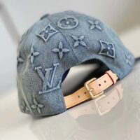 Louis Vuitton LV Unisex Monogram Washed Denim Cap Blue Cotton Leather Back Strap (5)