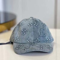 Louis Vuitton LV Unisex Monogram Washed Denim Cap Blue Cotton Leather Back Strap (5)