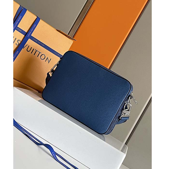Louis Vuitton LV Unisex Trio Messenger Cobalt Blue Monogram Coated Canvas Taiga Cowhide Leather (8)