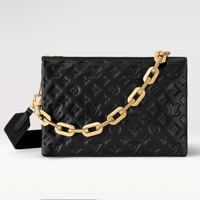 Louis Vuitton LV Women Coussin MM Handbag Black Monogram Embossed Puffy Lambskin