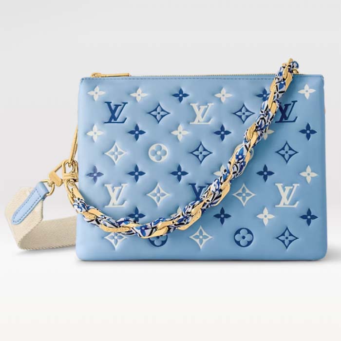 Louis Vuitton LV Women Coussin PM Handbag Blue Lambskin Silk Scarf Cowhide Leather