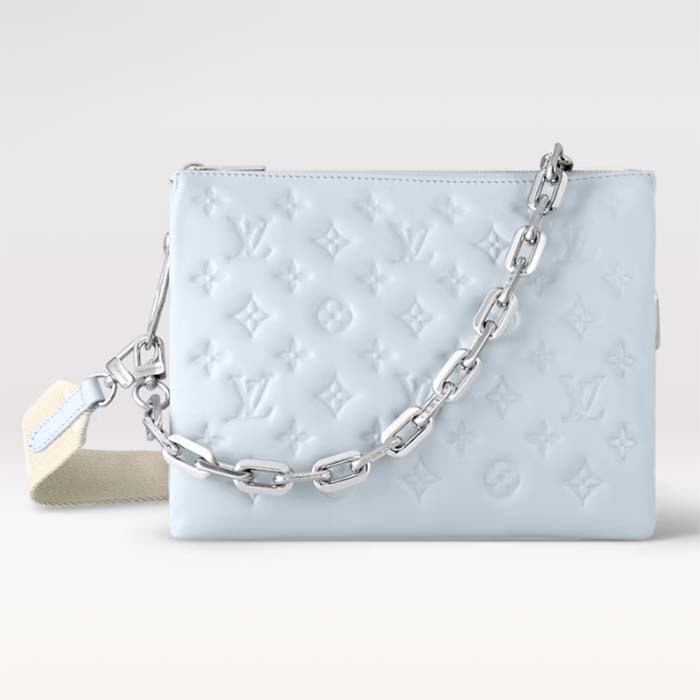 Louis Vuitton LV Women Coussin PM Handbag Ice Blue Lambskin Cowhide Leather Zip Closure