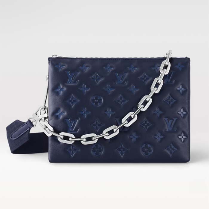 Louis Vuitton LV Women Coussin PM Handbag Marine Blue Monogram Embossed Puffy Lambskin Calfskin Leather