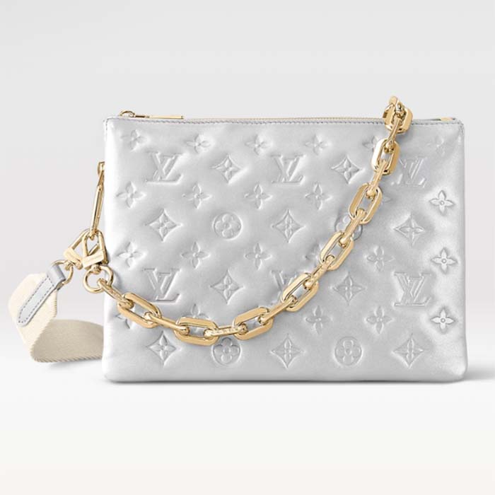 Louis Vuitton LV Women Coussin PM Handbag Silver Lambskin Cowhide Lining Zip Closure
