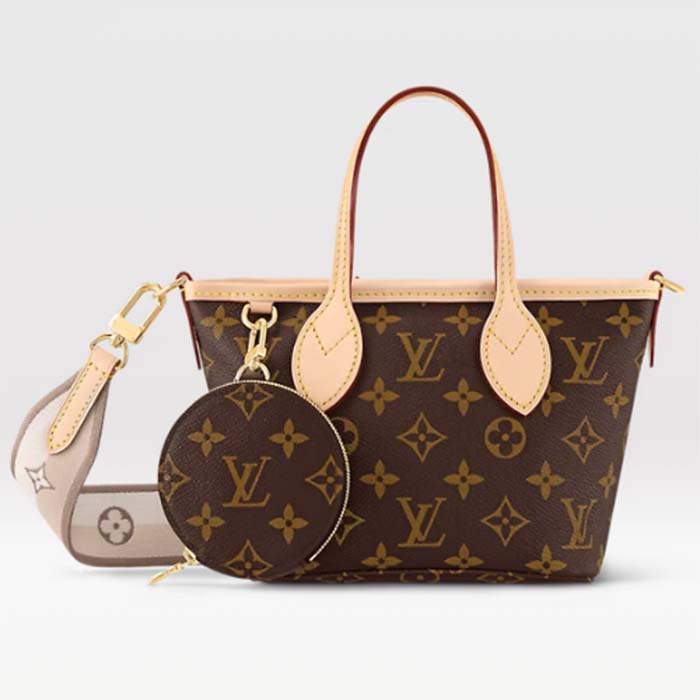 Louis Vuitton LV Women Neverfull BB Beige Monogram Coated Canvas Natural Cowhide Leather