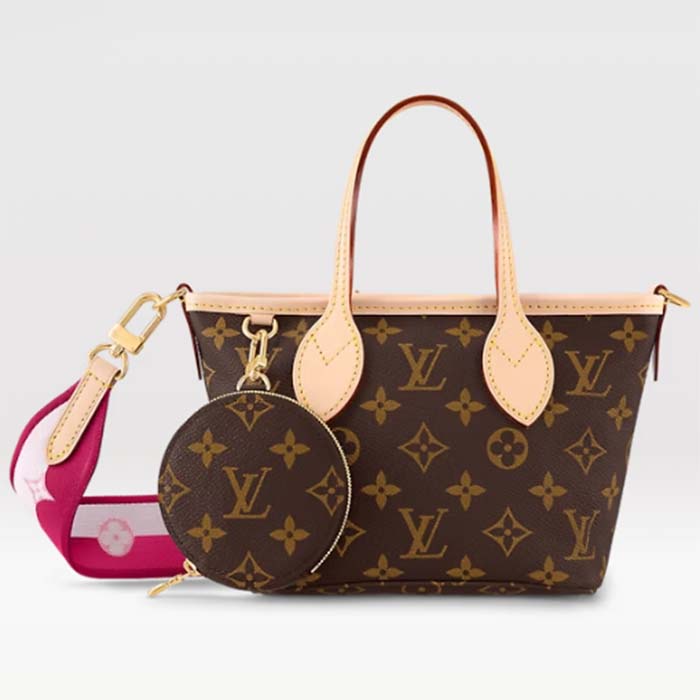 Louis Vuitton LV Women Neverfull BB Peony Pink Monogram Coated Canvas Natural Cowhide Leather