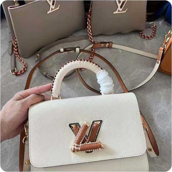 Louis Vuitton LV Women Twist MM Beige White Brown Grained Leather Cowhide (5)