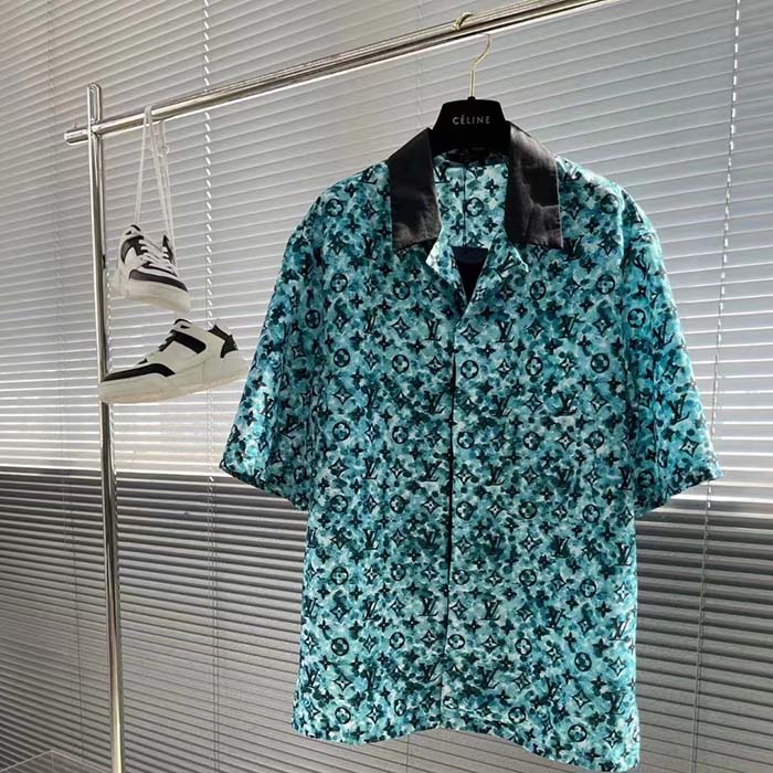 Louis Vuitton Men Monogram Crepe Short-Sleeved Shirt Relaxed Fit Blue Haze (6)