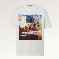 Louis Vuitton Men Printed Cotton T-Shirt Show Fit Ribbed Collar Milky White (8)