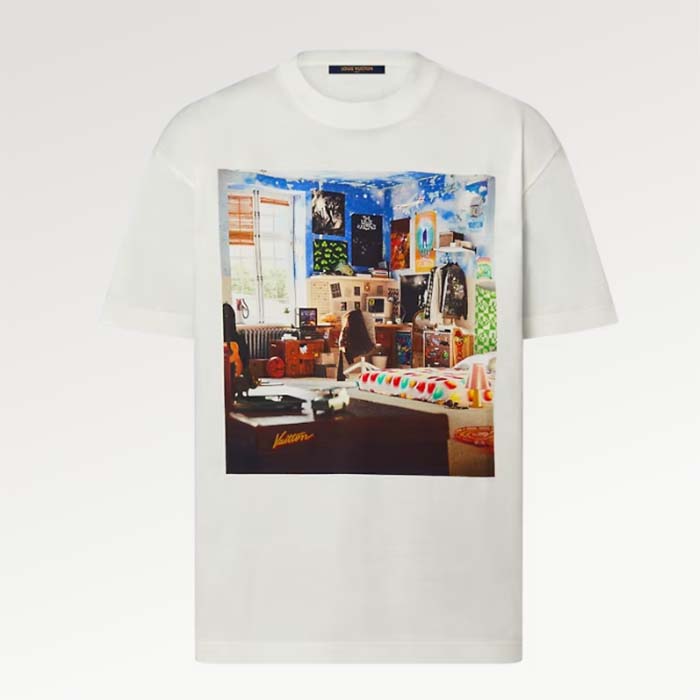 Louis Vuitton Men Printed Cotton T-Shirt Show Fit Ribbed Collar Milky White