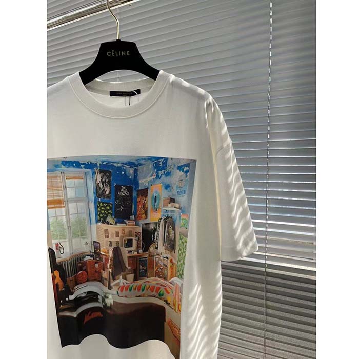 Louis Vuitton Men Printed Cotton T-Shirt Show Fit Ribbed Collar Milky White (9)