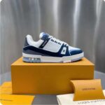 Louis Vuitton Unisex LV Trainer Sneaker Blue Nubuck Calf Leather Grained Monogram Flowers - Image 2