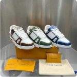 Louis Vuitton Unisex LV Trainer Sneaker Blue Nubuck Calf Leather Grained Monogram Flowers - Image 11