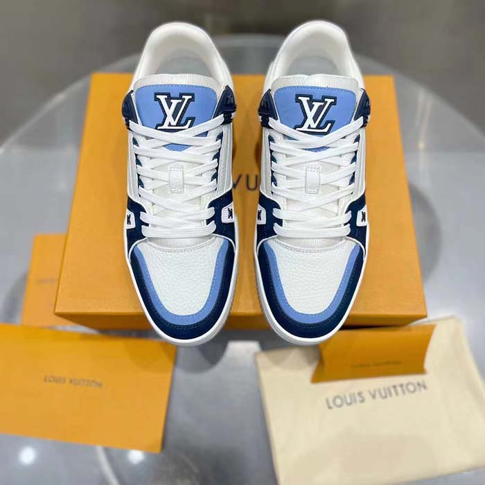 Louis Vuitton Unisex LV Trainer Sneaker Blue Nubuck Calf Leather Grained Monogram Flowers (4)