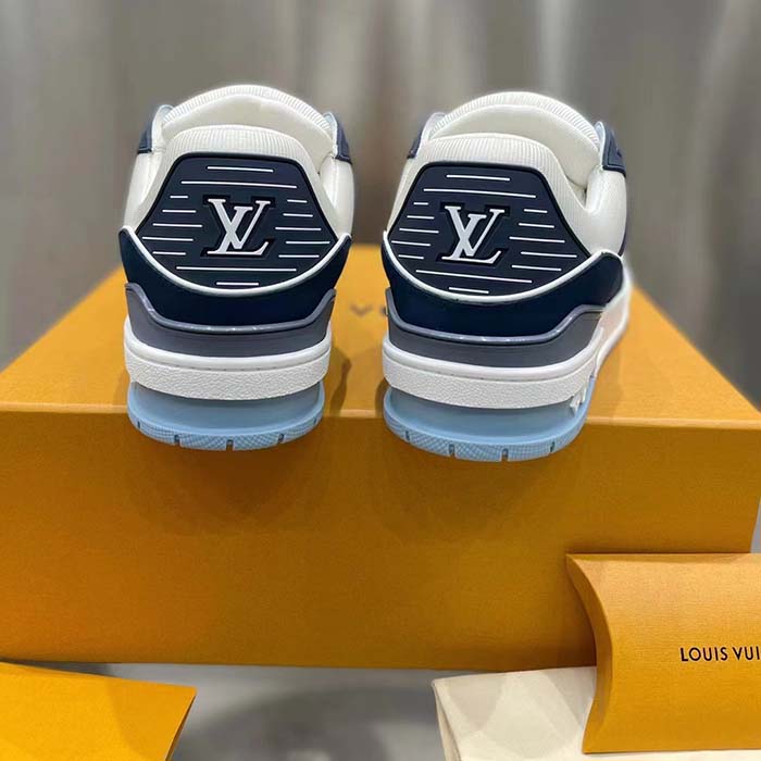 Louis Vuitton Unisex LV Trainer Sneaker Blue Nubuck Calf Leather Grained Monogram Flowers (5)