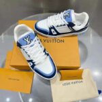Louis Vuitton Unisex LV Trainer Sneaker Blue Nubuck Calf Leather Grained Monogram Flowers - Image 3