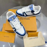 Louis Vuitton Unisex LV Trainer Sneaker Blue Nubuck Calf Leather Grained Monogram Flowers (2)