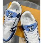 Louis Vuitton Unisex LV Trainer Sneaker Blue Nubuck Calf Leather Grained Monogram Flowers - Image 8