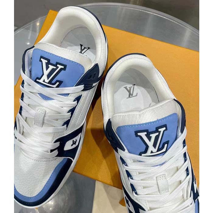 Louis Vuitton Unisex LV Trainer Sneaker Blue Nubuck Calf Leather Grained Monogram Flowers (7)