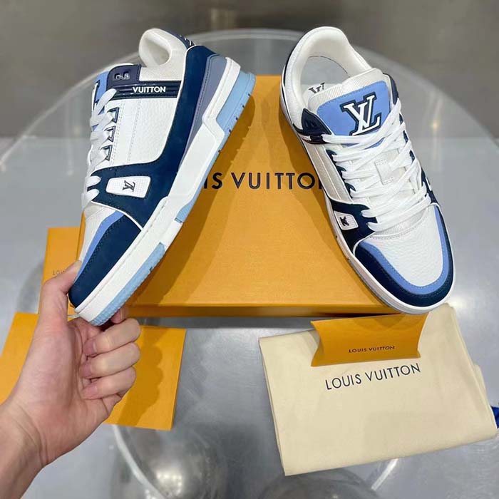 Louis Vuitton Unisex LV Trainer Sneaker Blue Nubuck Calf Leather Grained Monogram Flowers (8)