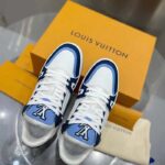 Louis Vuitton Unisex LV Trainer Sneaker Blue Nubuck Calf Leather Grained Monogram Flowers - Image 6