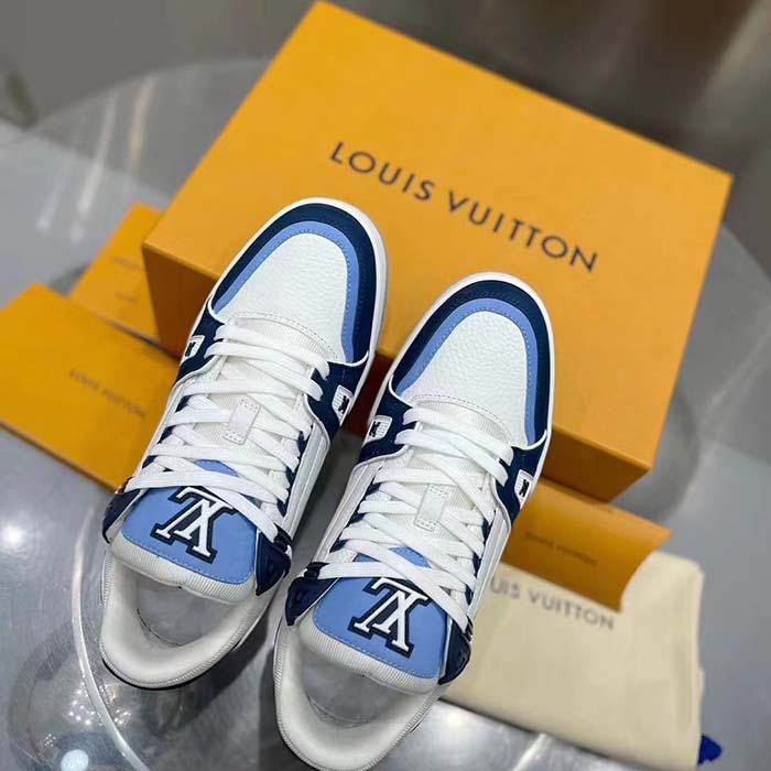 Louis Vuitton Unisex LV Trainer Sneaker Blue Nubuck Calf Leather Grained Monogram Flowers (9)