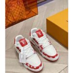 Louis Vuitton Unisex LV Trainer Sneaker Red Calf Leather Rubber Outsole Monogram Flowers - Imagen 5