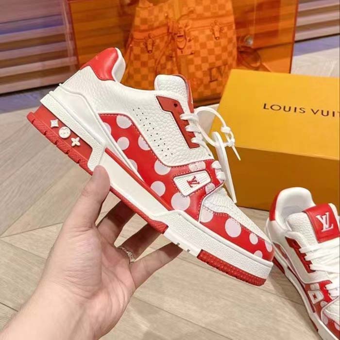 Louis Vuitton Unisex LV Trainer Sneaker Red Calf Leather Rubber Outsole Monogram Flowers (14)