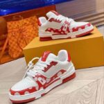 Louis Vuitton Unisex LV Trainer Sneaker Red Calf Leather Rubber Outsole Monogram Flowers - Imagen 2