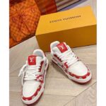 Louis Vuitton Unisex LV Trainer Sneaker Red Calf Leather Rubber Outsole Monogram Flowers - Imagen 4