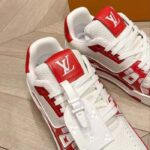 Louis Vuitton Unisex LV Trainer Sneaker Red Calf Leather Rubber Outsole Monogram Flowers - Imagen 8