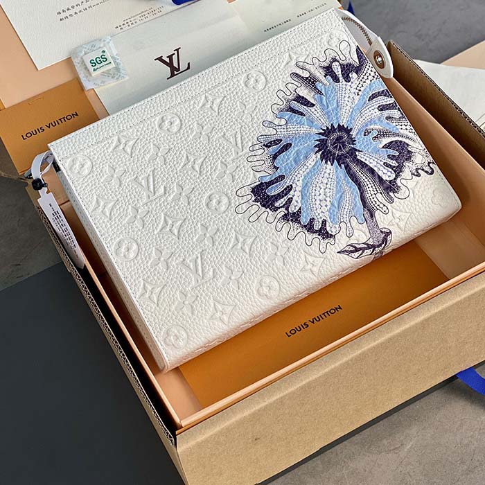 Louis Vuitton Unisex LV x YK Pochette Voyage White Taurillon Monogram Cowhide Psychedelic Flower (3)