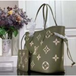 Louis Vuitton Women LV Neverfull MM Light Khaki Cream Monogram Empreinte Embossed Grained Cowhide Leather – Image 4