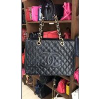 Chanel Women CC Shopping Bag Black Calfskin Leather Gold-Tone Metal