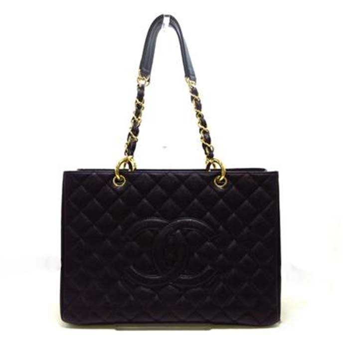 Chanel Women CC Shopping Bag Black Calfskin Leather Gold-Tone Metal