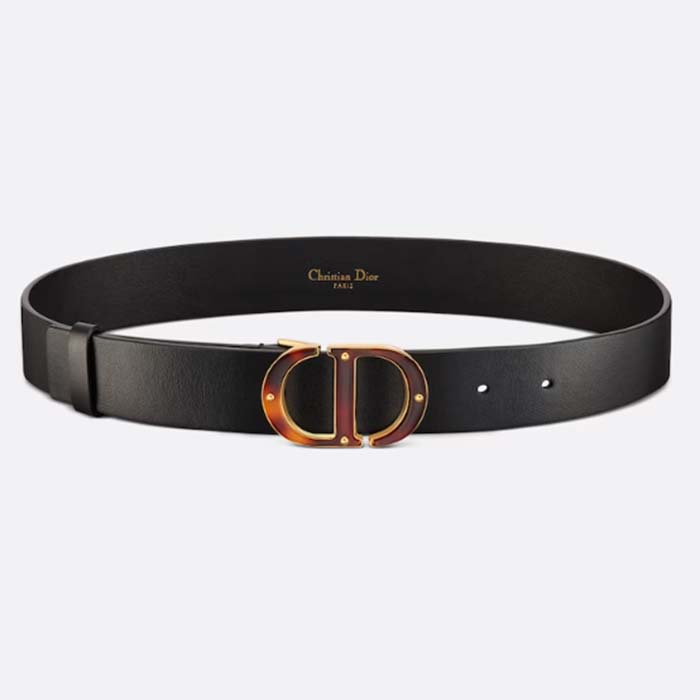 Dior Unisex CD 30 Montaigne Belt Black Smooth Calfskin Leather Brown Tortoiseshell-Effect Resin