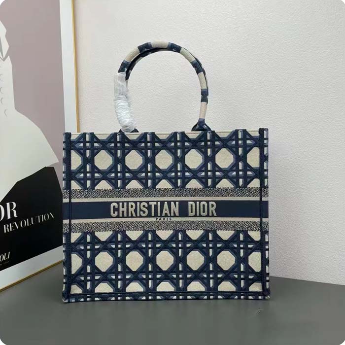 Dior Unisex CD Large Dior Book Tote Beige Blue Macrocannage Embroidery (5)