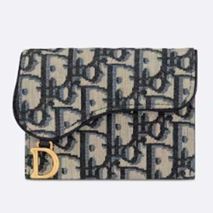 Dior Unisex CD Saddle 5-Gusset Card Holder Blue Dior Oblique Jacquard