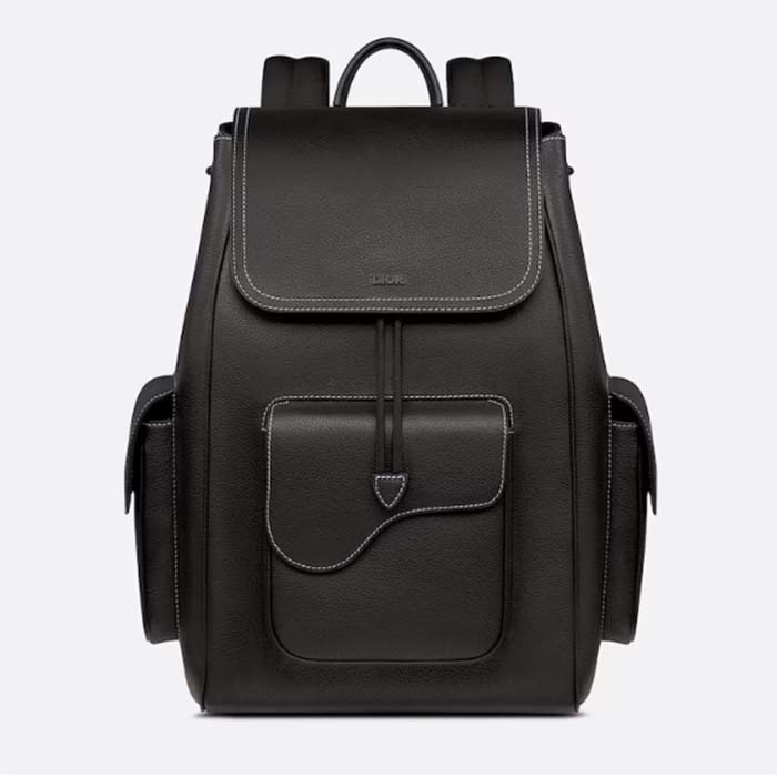 Dior Unisex CD Saddle Backpack Black Grained Calfskin Leather Flap Drawstring Closure