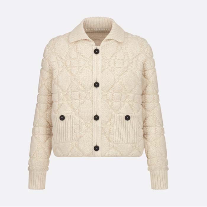 Dior Women CD Cannage Jacket White Technical Wool Cashmere Knit Horn Buttons