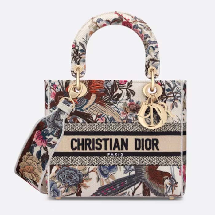 Dior Women CD Medium Lady D-Lite Bag Latte Multicolor Dior Jardin D'Hiver Embroidery