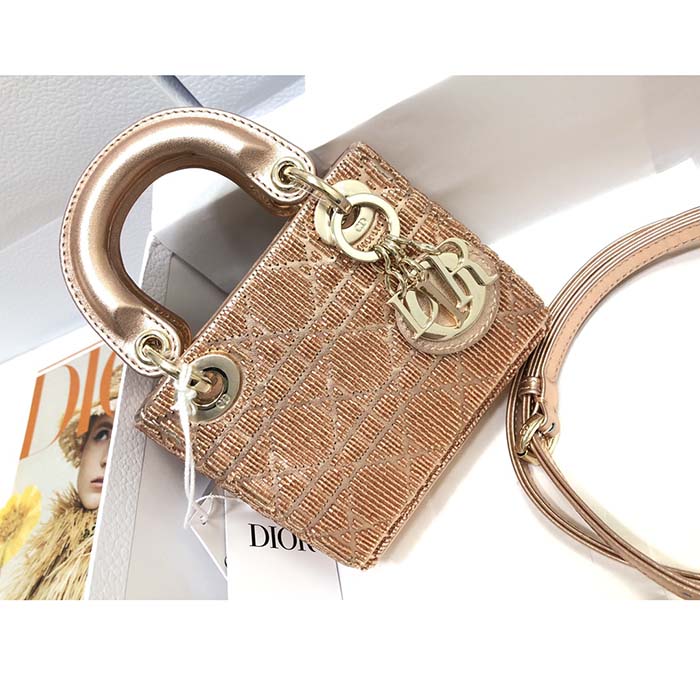 Dior Women CD Mini Lady Bag Caramel Beige Cannage Cotton Embroidered Micropearls (11)